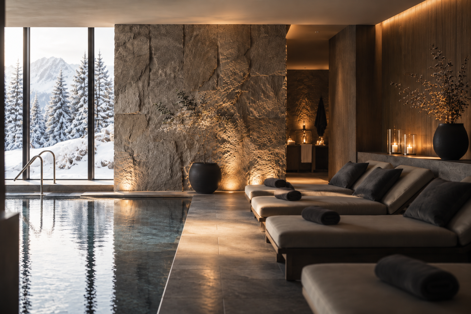 Das Gsieser Tal, ganz nah. Und doch wie ein kleines Geheimnis. Wellnessbereich mit Pool, Liegen und verschneiter Berglandschaft vor den Fenstern
