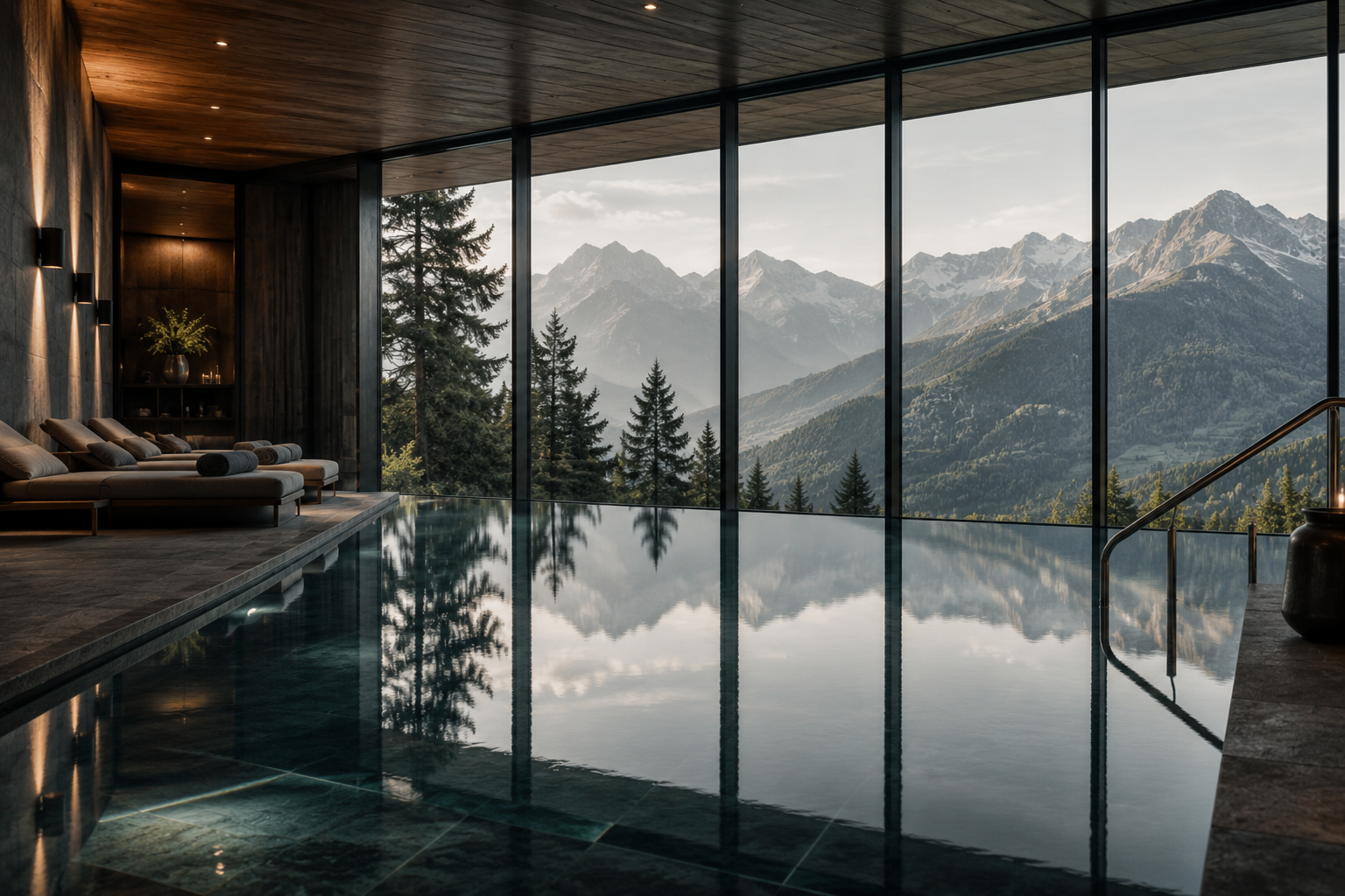Das Gsieser Tal, ganz nah. Und doch wie ein kleines Geheimnis. Innenpool mit Bergblick und Liegen vor bodentiefen Fenstern