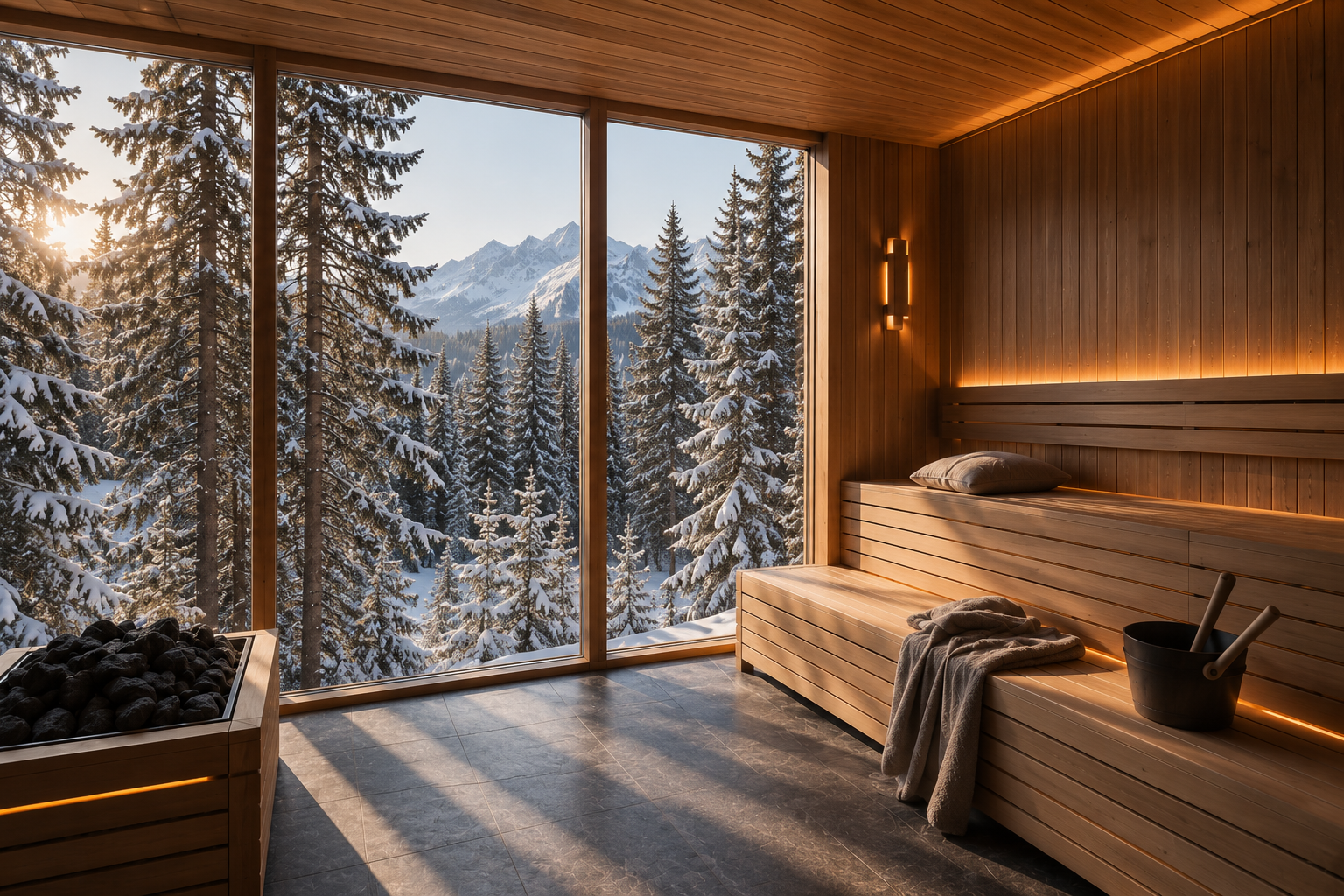 Sauna in legno con finestra panoramica, abeti innevati e vista sulle montagne