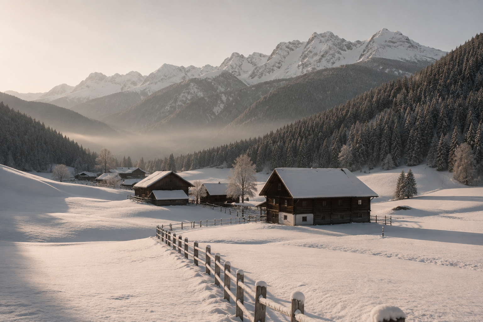 Das Gsieser Tal, ganz nah. Und doch wie ein kleines Geheimnis. Verschneite Almhütten mit Holzzaun vor einem bewaldeten Bergpanorama