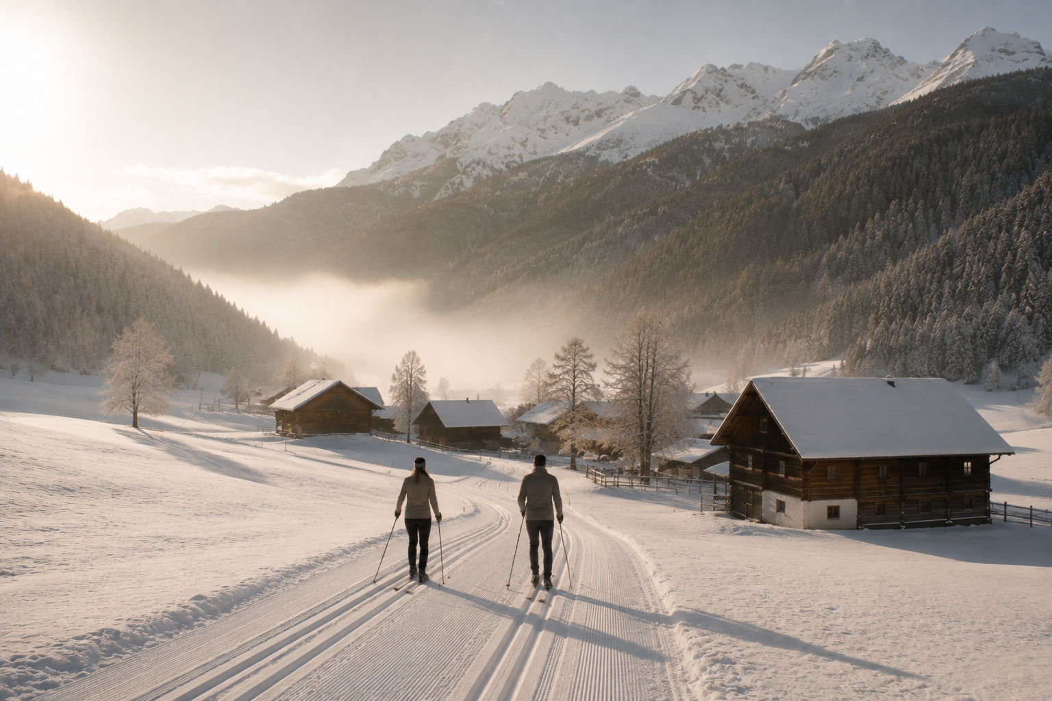 Das Gsieser Tal, ganz nah. Und doch wie ein kleines Geheimnis. Zwei Langläufer in verschneiter Berglandschaft mit Holzhütten und schneebedeckten Gipfeln