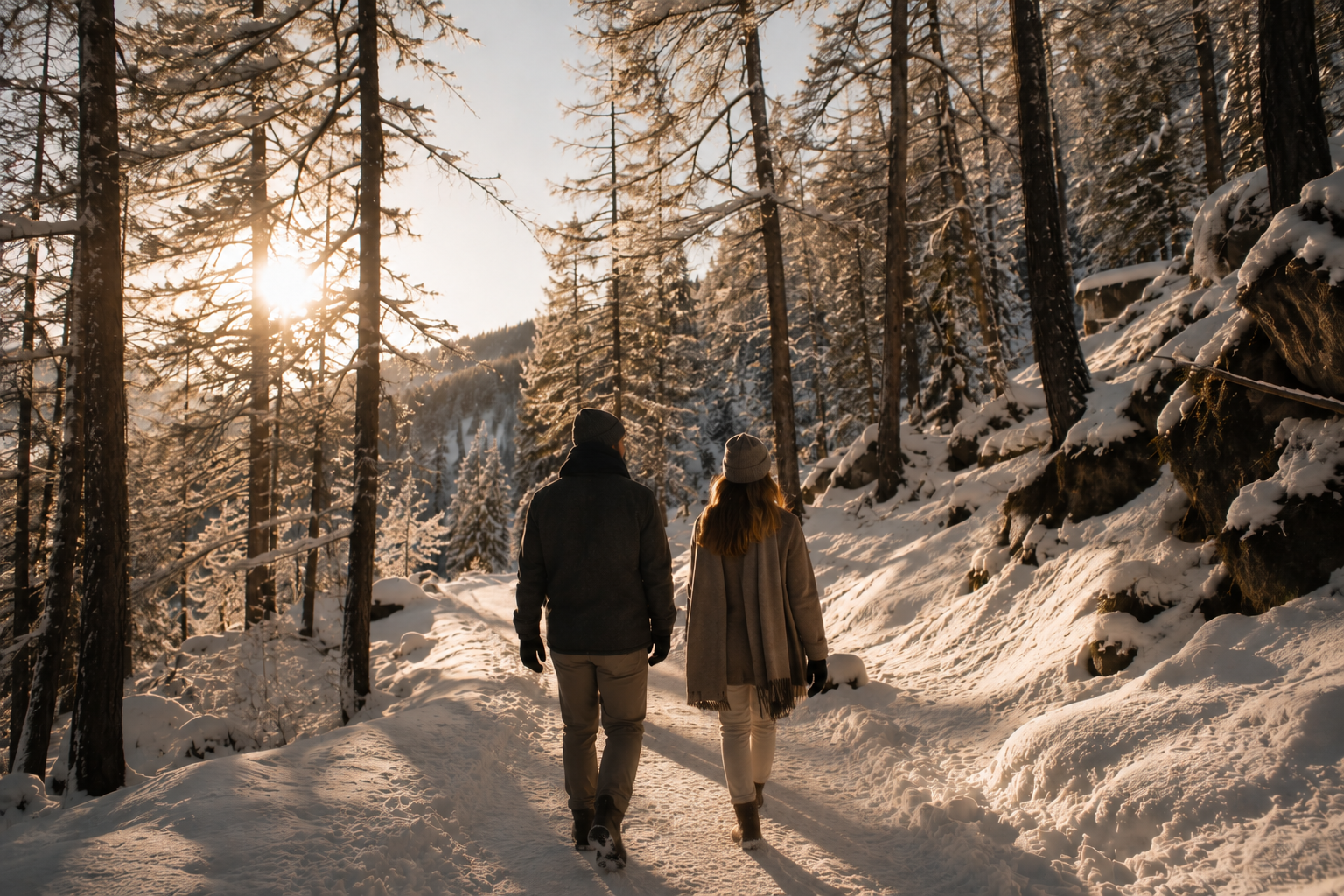 Paar wandert bei Sonnenuntergang durch einen verschneiten Wald