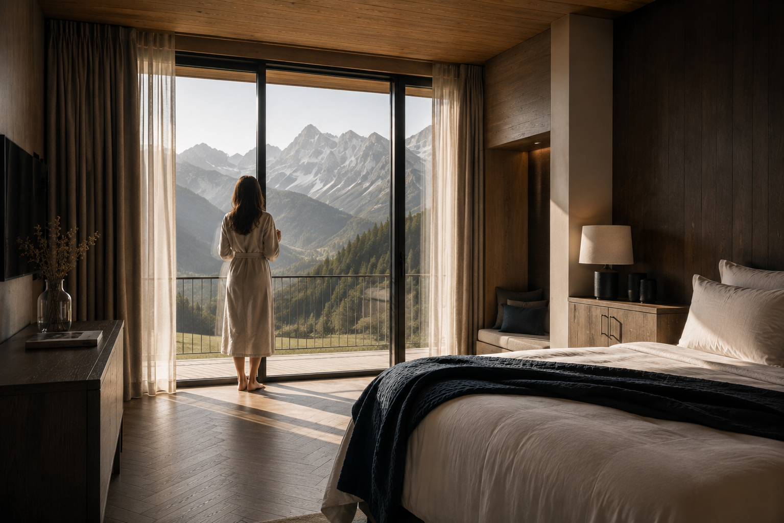 Das Gsieser Tal, ganz nah. Und doch wie ein kleines Geheimnis. Hotelzimmer mit Frau im Bademantel und Bergblick durch die Fensterfront