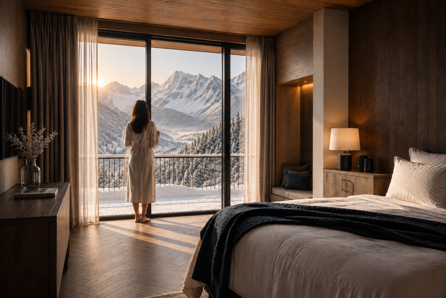 Das Gsieser Tal, ganz nah. Und doch wie ein kleines Geheimnis. Schlafzimmer mit Frau am Fenster und verschneitem Bergpanorama